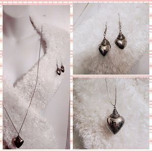 VTG Silver Heart Necklace & Earring Set 20in